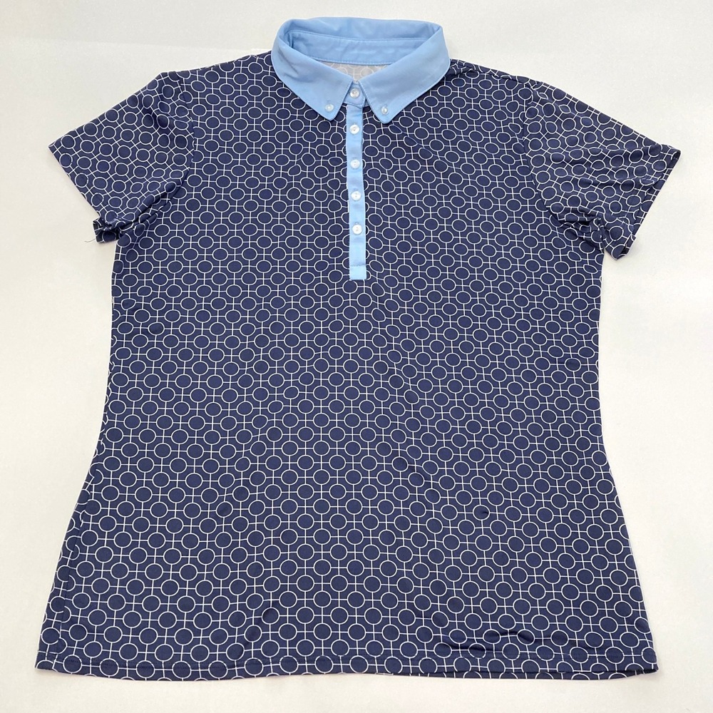 Court Haley Geometric Polo Womens‎ M Cap Sleeves Collared Stretch Blue